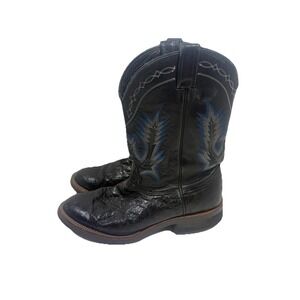 LARRY MAHAN Men's 9.5 D Black Leather Ostrich Skin Cowboy Western Boots